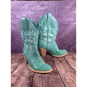 Very Volatile Turquoise Cowboy Boots Women Heel Studded Embroidered Size 7.5